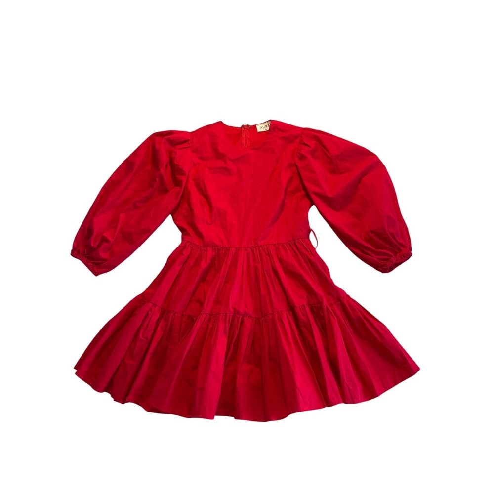 Red Cotton Puff Sleeve Tiered Mini Dress Babydoll Size M by Aura